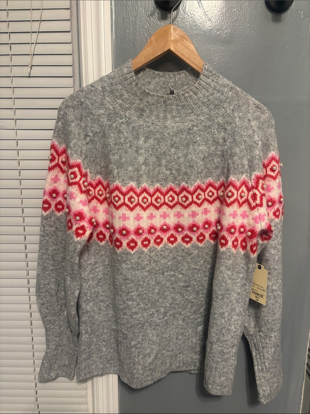 St. John’s Bay Gray Fair Isle Crewneck Sweater with Pink/Red Accents and Pearls